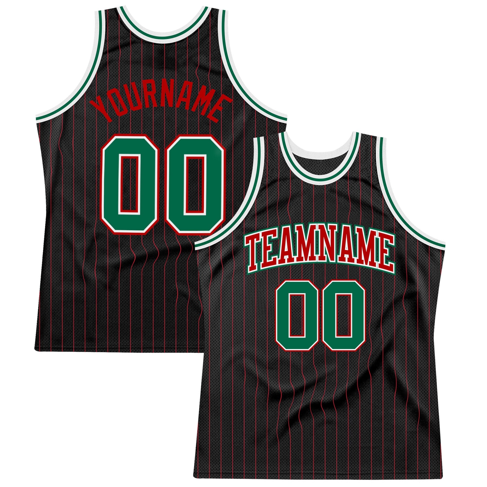 Custom Black Red Pinstripe Kelly Green-Red Authentic Basketball Jersey - Main View