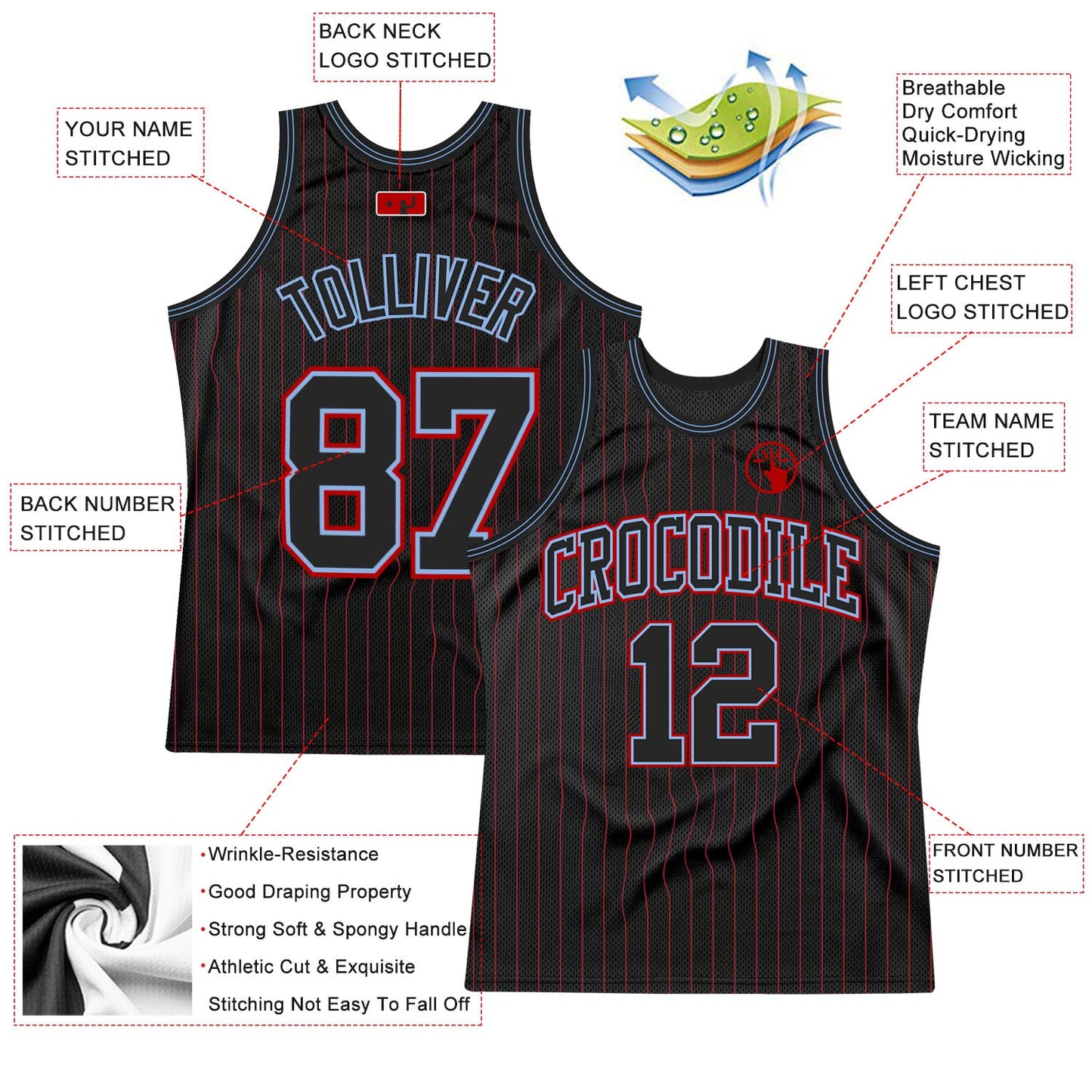 Custom Black Red Pinstripe Black Light Blue-Red Authentic Basketball Jersey view 2