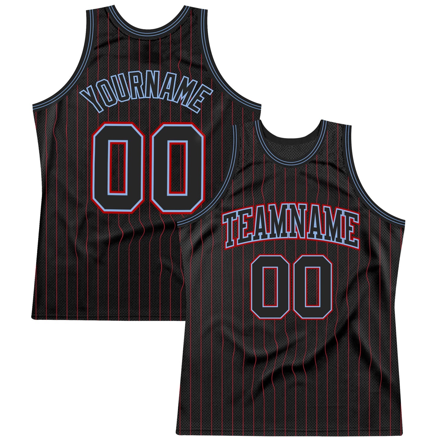 Custom Black Red Pinstripe Black Light Blue-Red Authentic Basketball Jersey - Main View