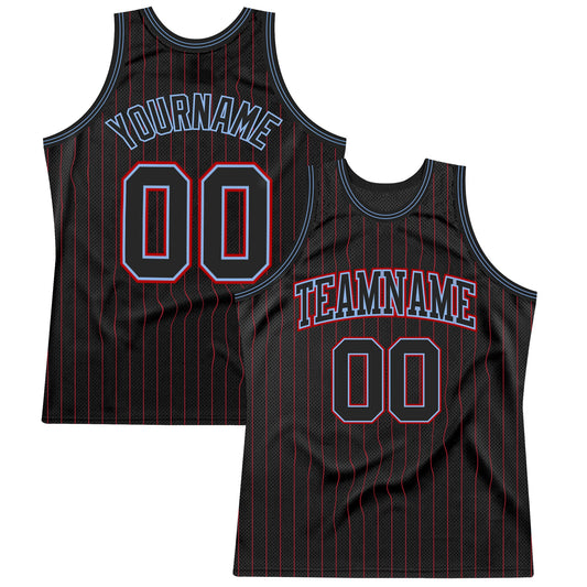 Custom Black Red Pinstripe Black Light Blue-Red Authentic Basketball Jersey - Main View