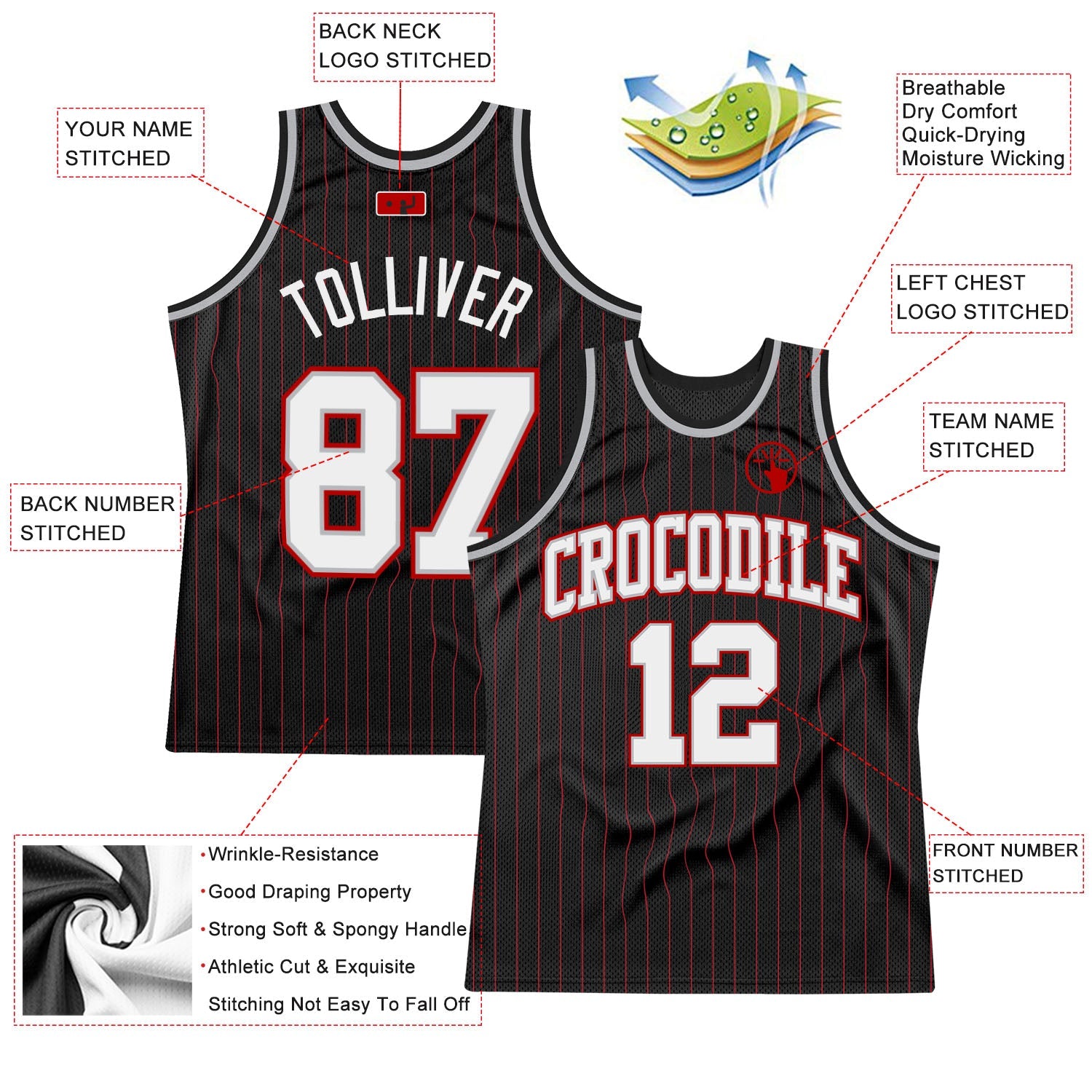 Custom Black Red Pinstripe White Gray-Red Authentic Basketball Jersey view 2