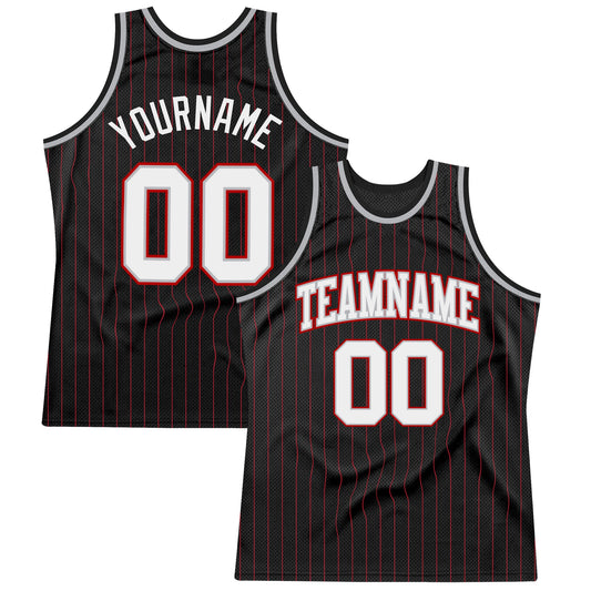 Custom Black Red Pinstripe White Gray-Red Authentic Basketball Jersey - Main View