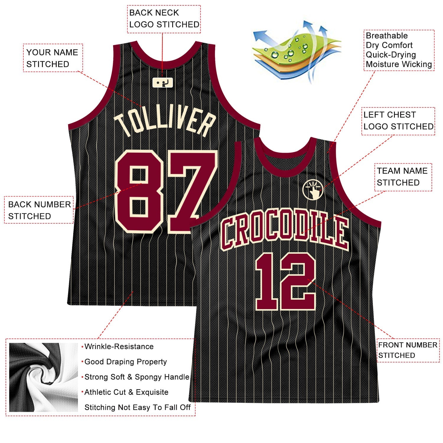 Custom Black Cream Pinstripe Maroon-Cream Authentic Basketball Jersey view 2