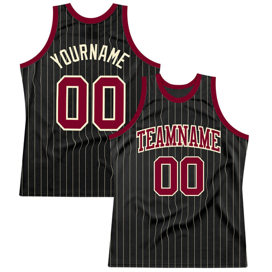 Custom Black Cream Pinstripe Maroon-Cream Authentic Basketball Jersey - Main View