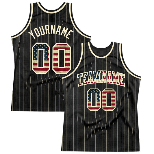 Custom Black Cream Pinstripe Vintage USA Flag-Cream Authentic Basketball Jersey - Main View