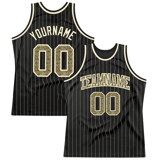 Custom Black Cream Pinstripe Camo-Cream Authentic Basketball Jersey - Main View
