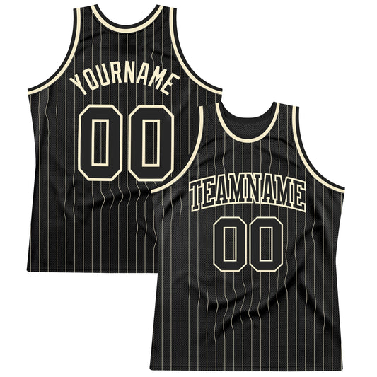 Custom Black Cream Pinstripe Black-Cream Authentic Basketball Jersey - Main View
