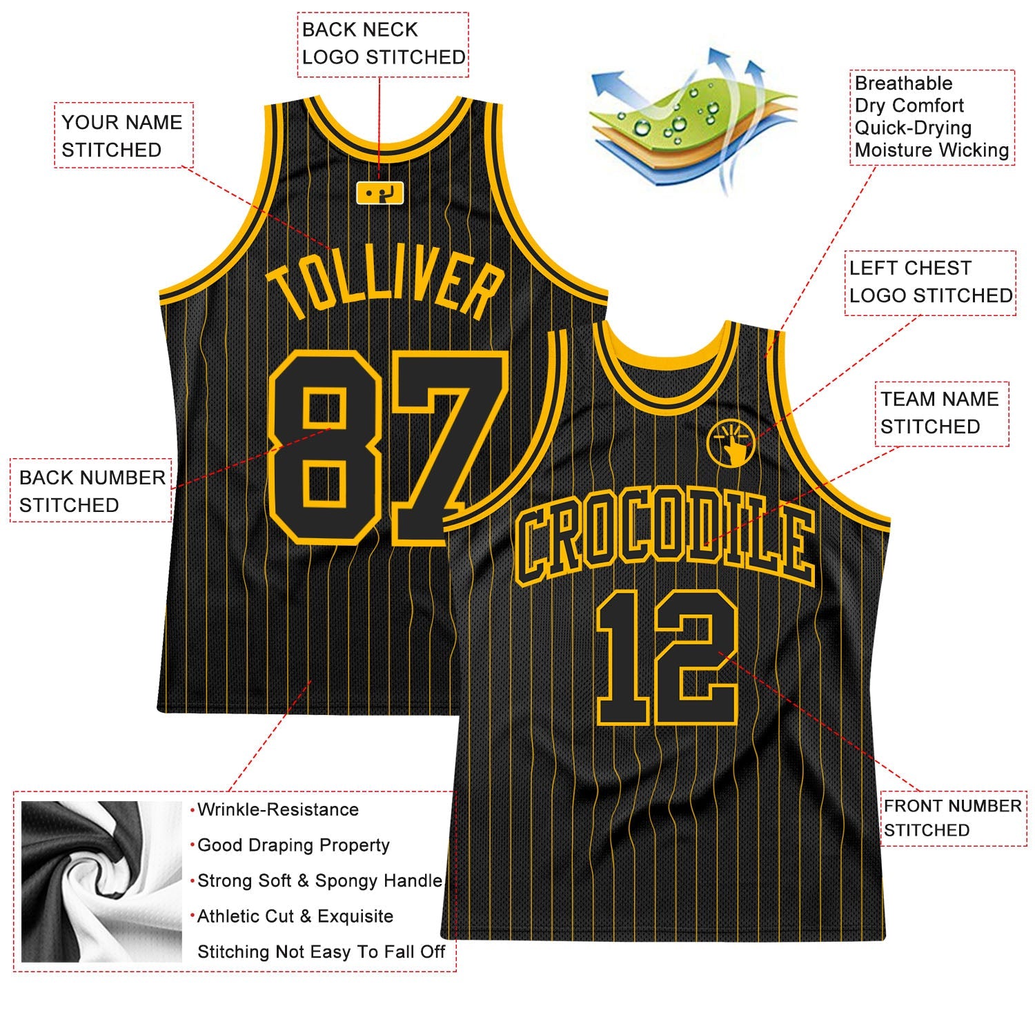 Custom Black Gold Pinstripe Black-Gold Authentic Basketball Jersey view 2