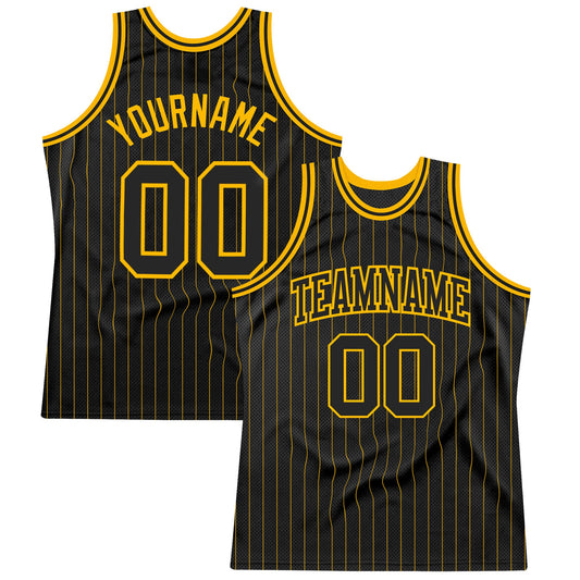 Custom Black Gold Pinstripe Black-Gold Authentic Basketball Jersey - Main View
