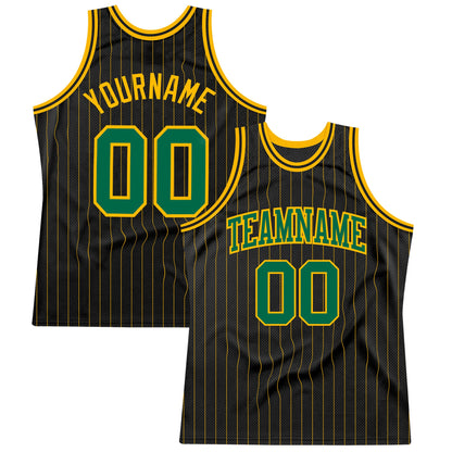 Custom Black Gold Pinstripe Kelly Green-Gold Authentic Basketball Jersey - Main View