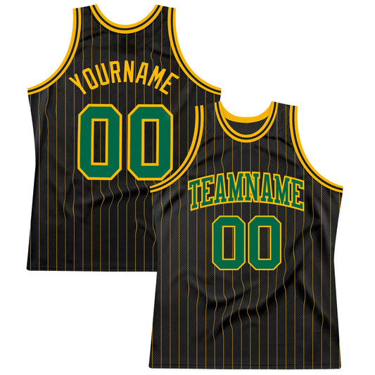 Custom Black Gold Pinstripe Kelly Green-Gold Authentic Basketball Jersey - Main View
