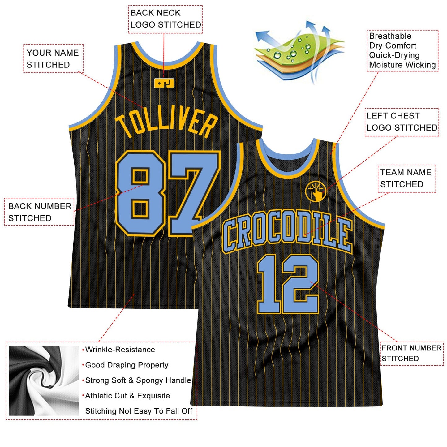 Custom Black Gold Pinstripe Light Blue-Gold Authentic Basketball Jersey view 2