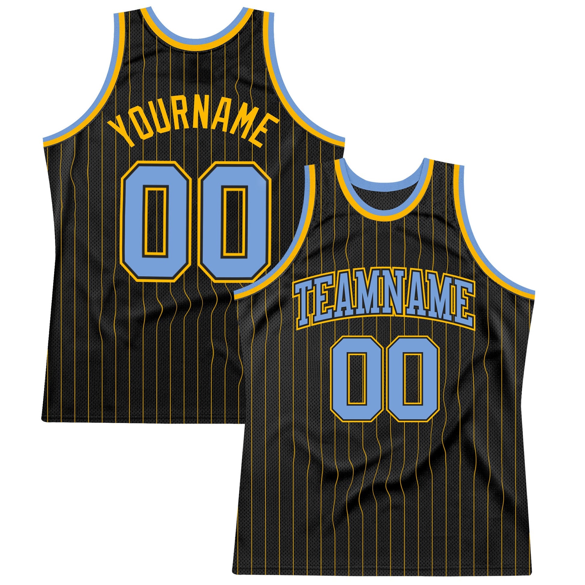 Custom Black Gold Pinstripe Light Blue-Gold Authentic Basketball Jersey - Main View