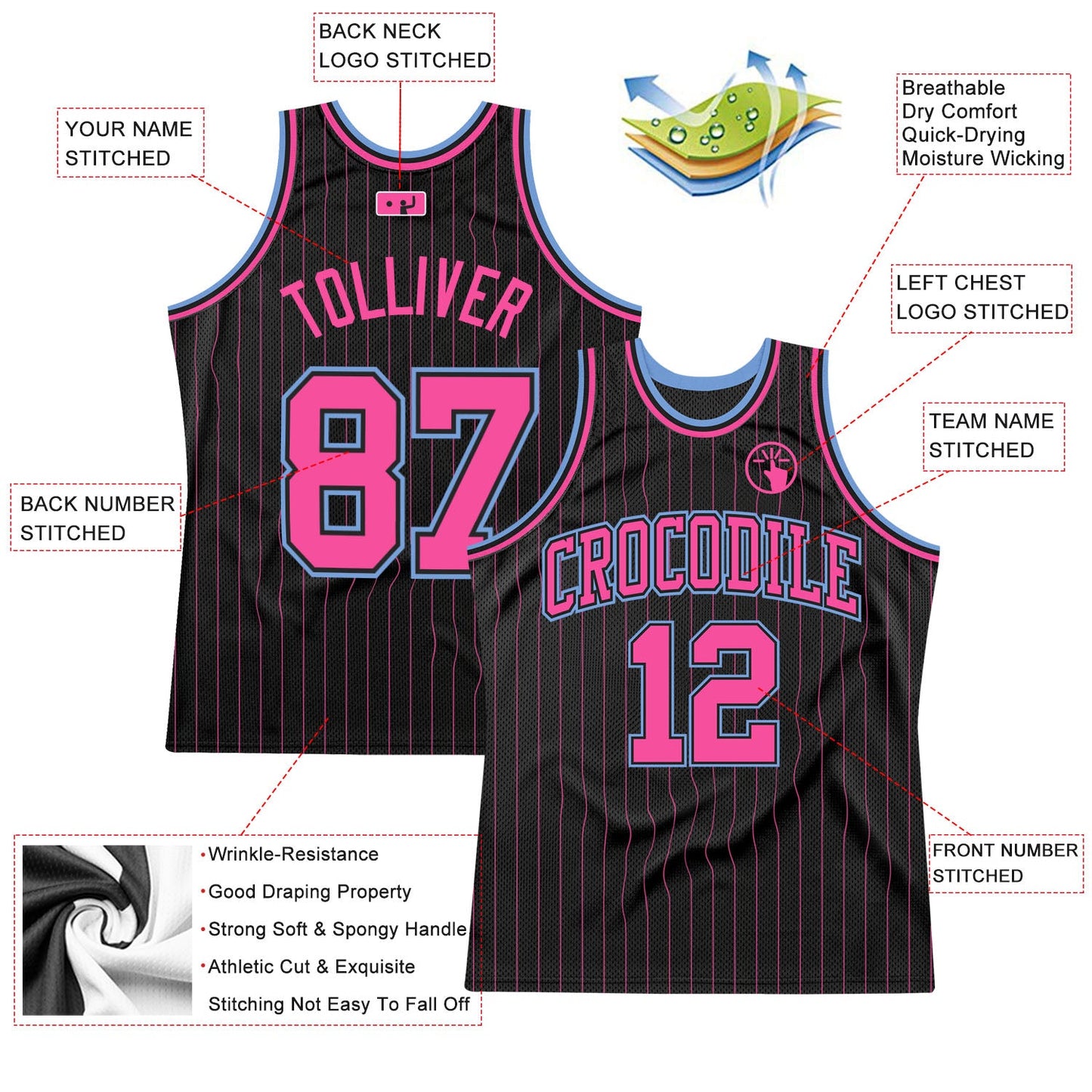 Custom Black Pink Pinstripe Pink-Light Blue Authentic Basketball Jersey view 2