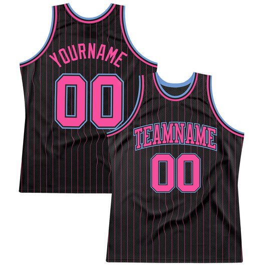 Custom Black Pink Pinstripe Pink-Light Blue Authentic Basketball Jersey - Main View