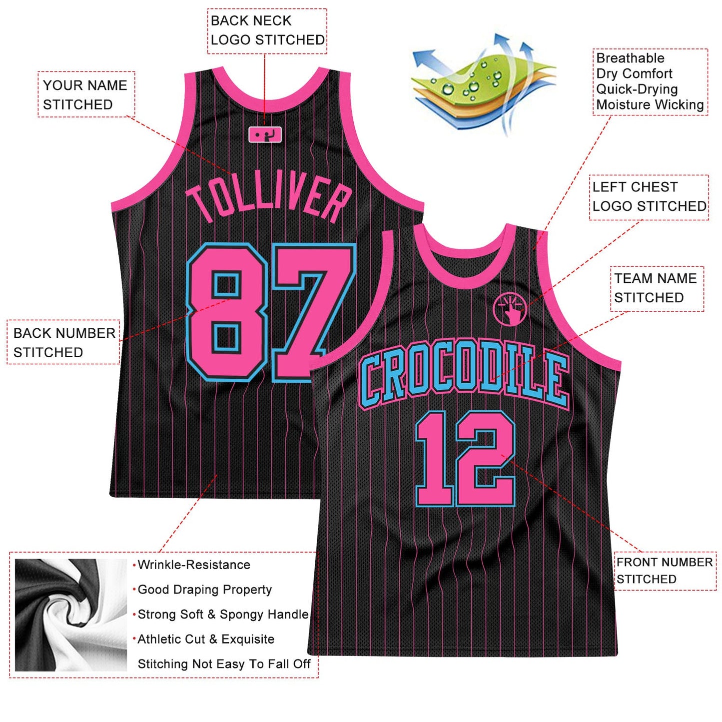 Custom Black Pink Pinstripe Pink-Sky Blue Authentic Basketball Jersey view 2