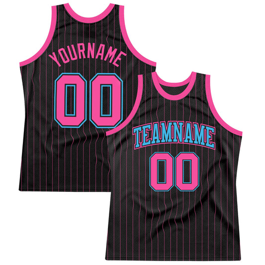 Custom Black Pink Pinstripe Pink-Sky Blue Authentic Basketball Jersey - Main View