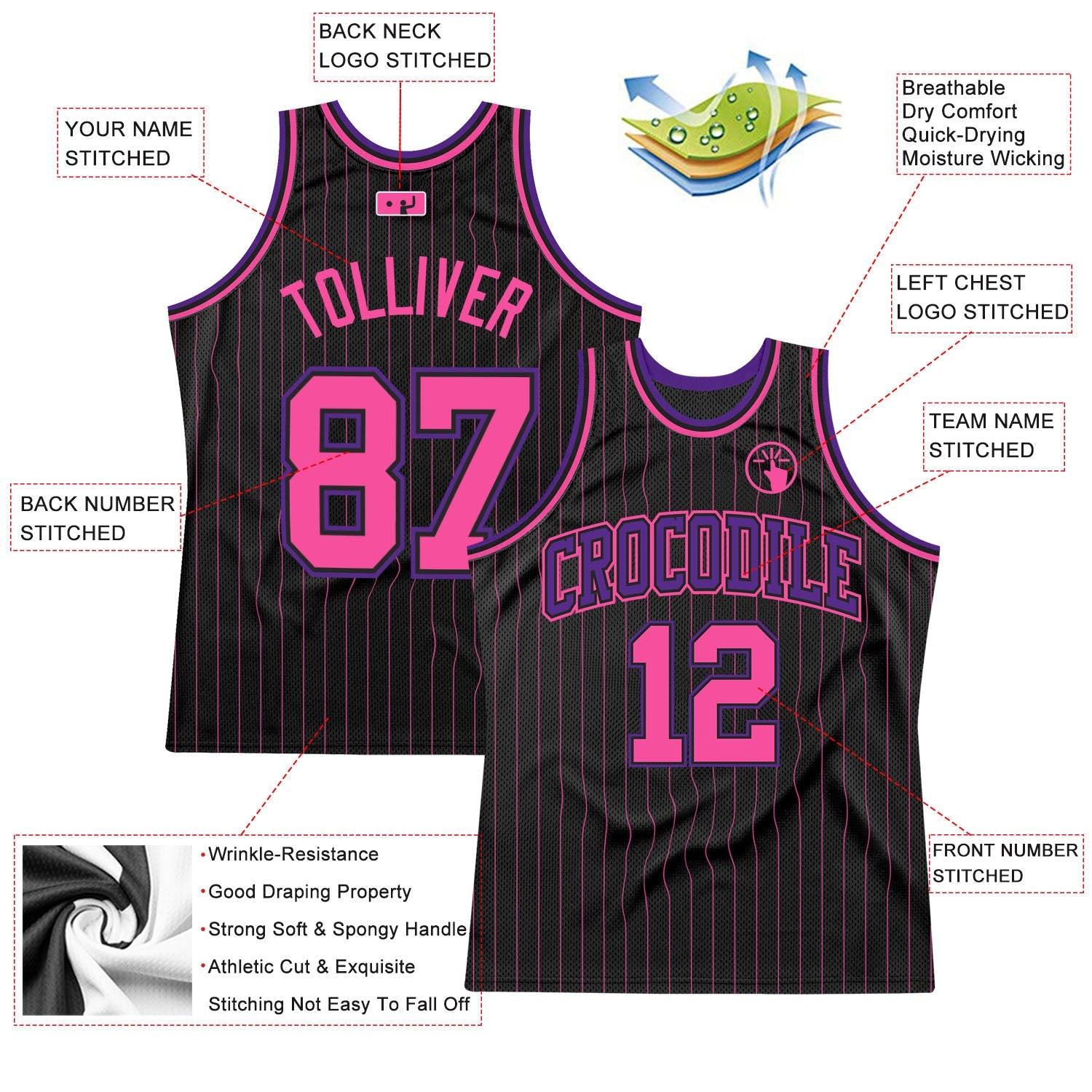 Custom Black Pink Pinstripe Pink-Purple Authentic Basketball Jersey view 2