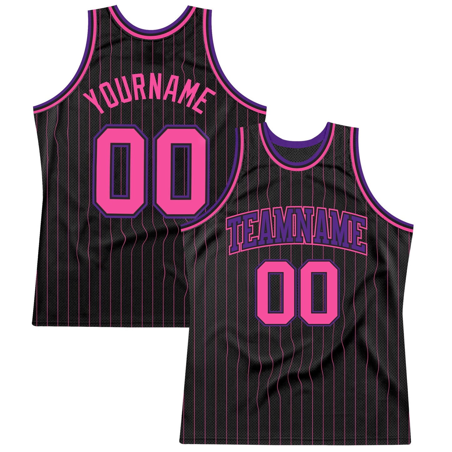 Custom Black Pink Pinstripe Pink-Purple Authentic Basketball Jersey - Main View