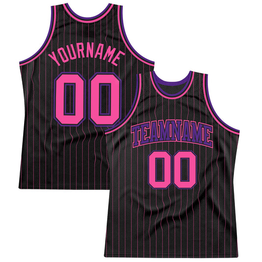 Custom Black Pink Pinstripe Pink-Purple Authentic Basketball Jersey - Main View