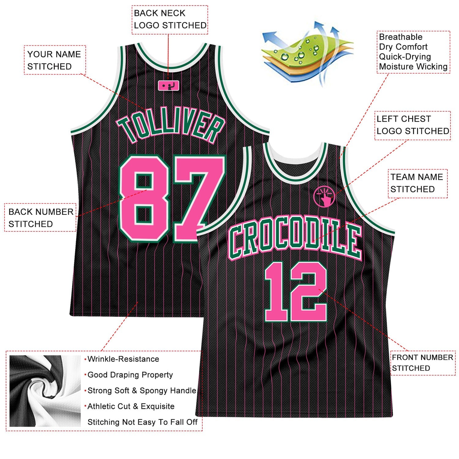 Custom Black Pink Pinstripe Pink-Kelly Green Authentic Basketball Jersey view 2
