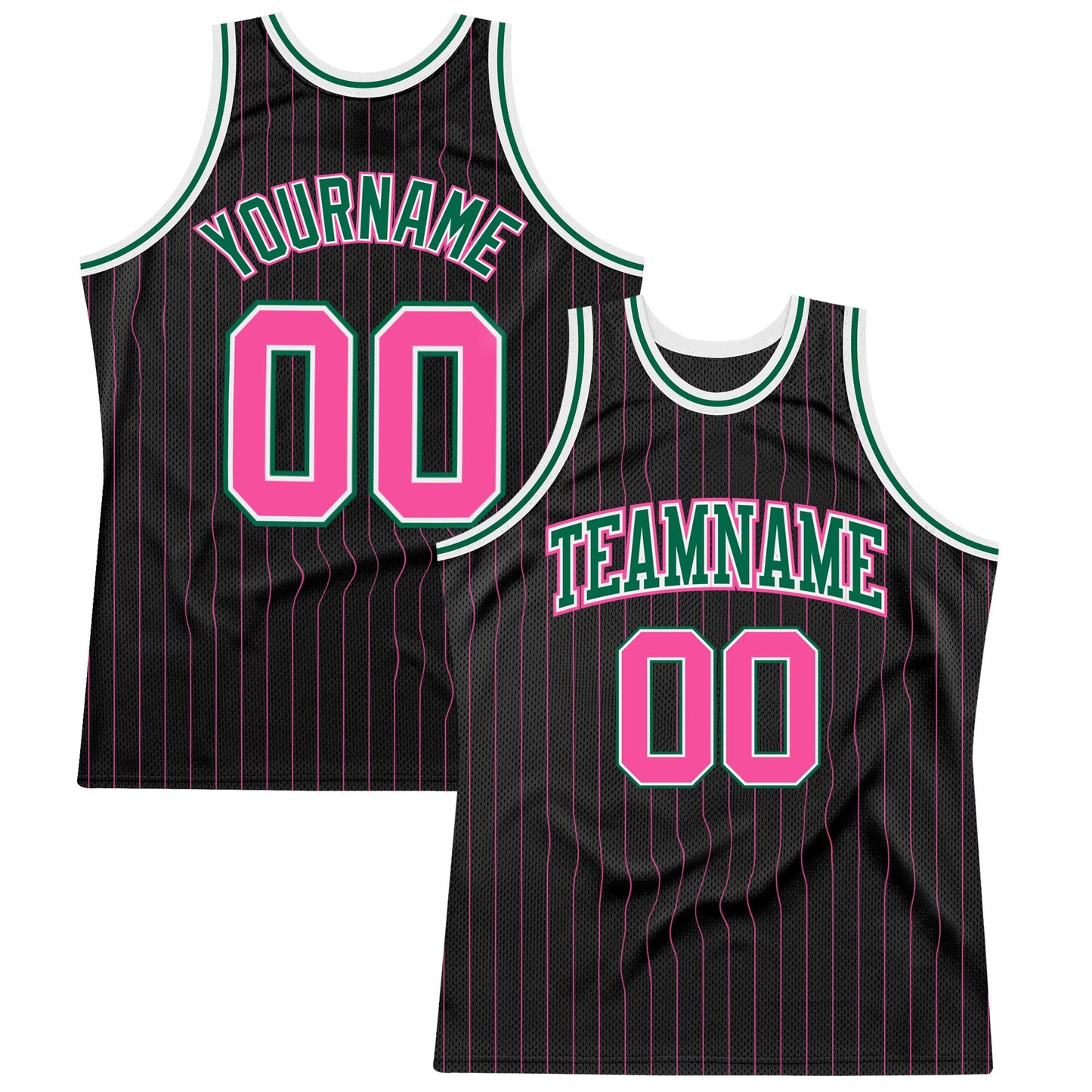 Custom Black Pink Pinstripe Pink-Kelly Green Authentic Basketball Jersey - Main View
