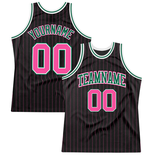 Custom Black Pink Pinstripe Pink-Kelly Green Authentic Basketball Jersey - Main View