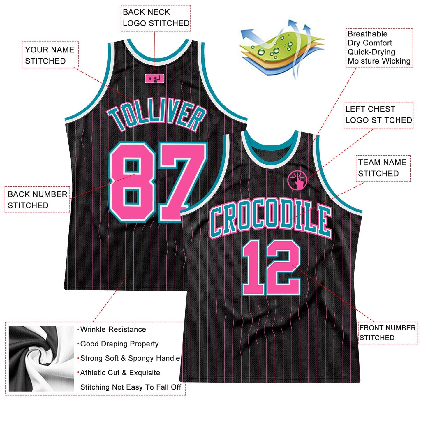 Custom Black Pink Pinstripe Pink-Teal Authentic Basketball Jersey view 2
