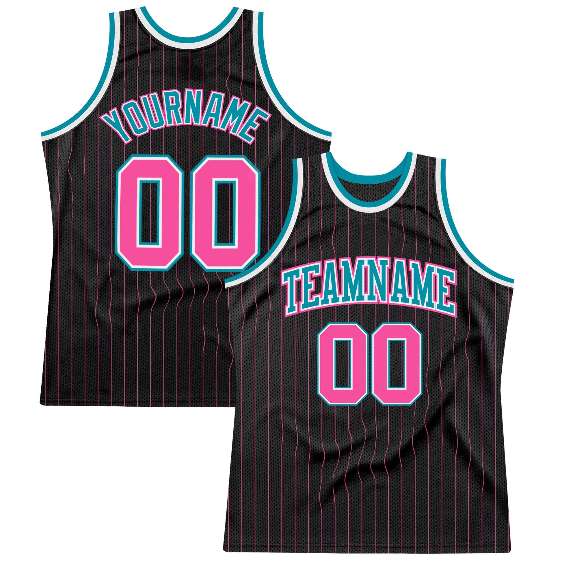 Custom Black Pink Pinstripe Pink-Teal Authentic Basketball Jersey - Main View