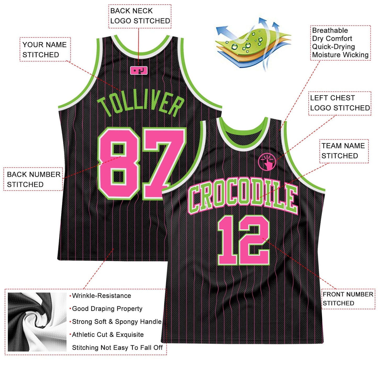 Custom Black Pink Pinstripe Pink-Neon Green Authentic Basketball Jersey view 2