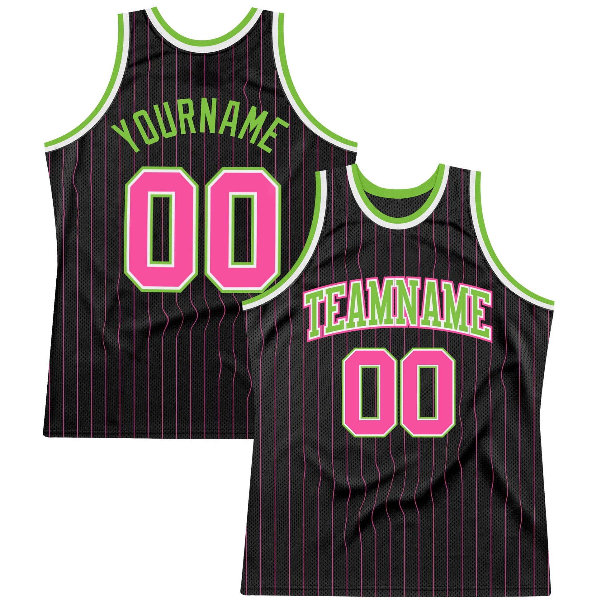 Custom Black Pink Pinstripe Pink-Neon Green Authentic Basketball Jersey - Main View