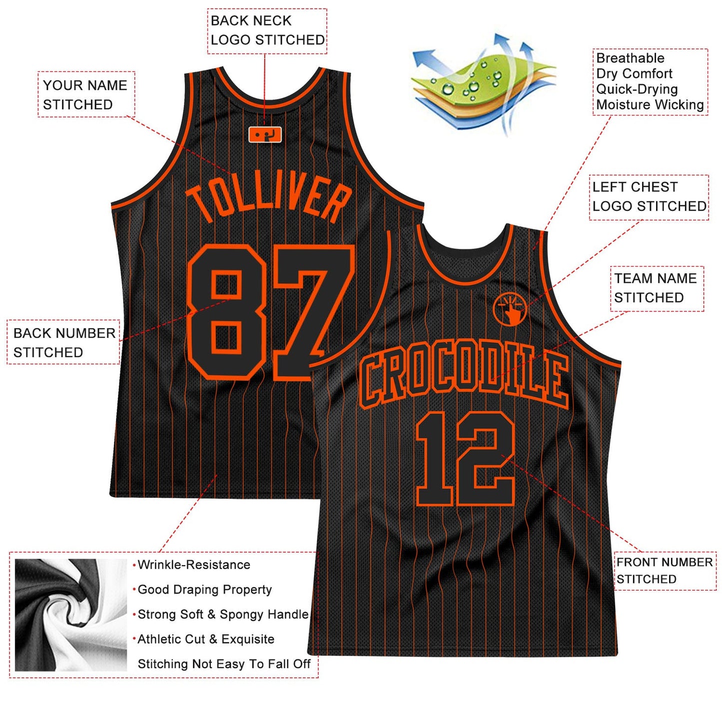 Custom Black Orange Pinstripe Black-Orange Authentic Basketball Jersey view 2