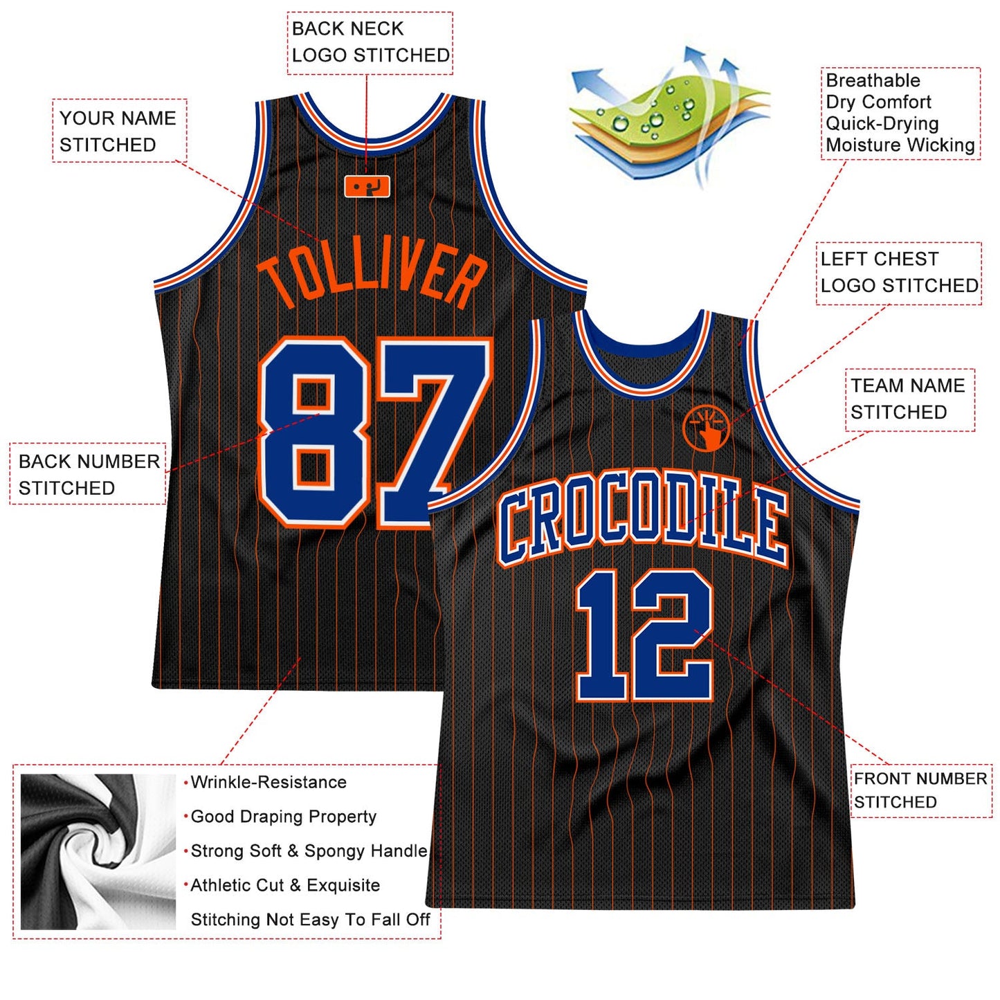 Custom Black Orange Pinstripe Royal-Orange Authentic Basketball Jersey view 2
