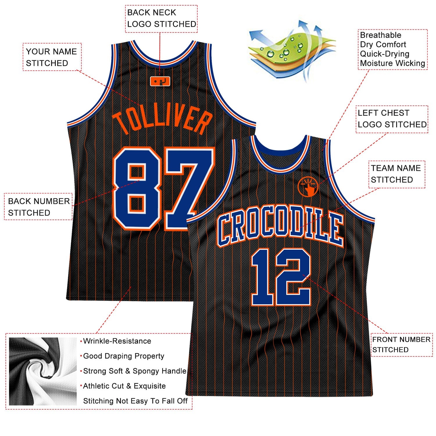 Custom Black Orange Pinstripe Royal-Orange Authentic Basketball Jersey view 2