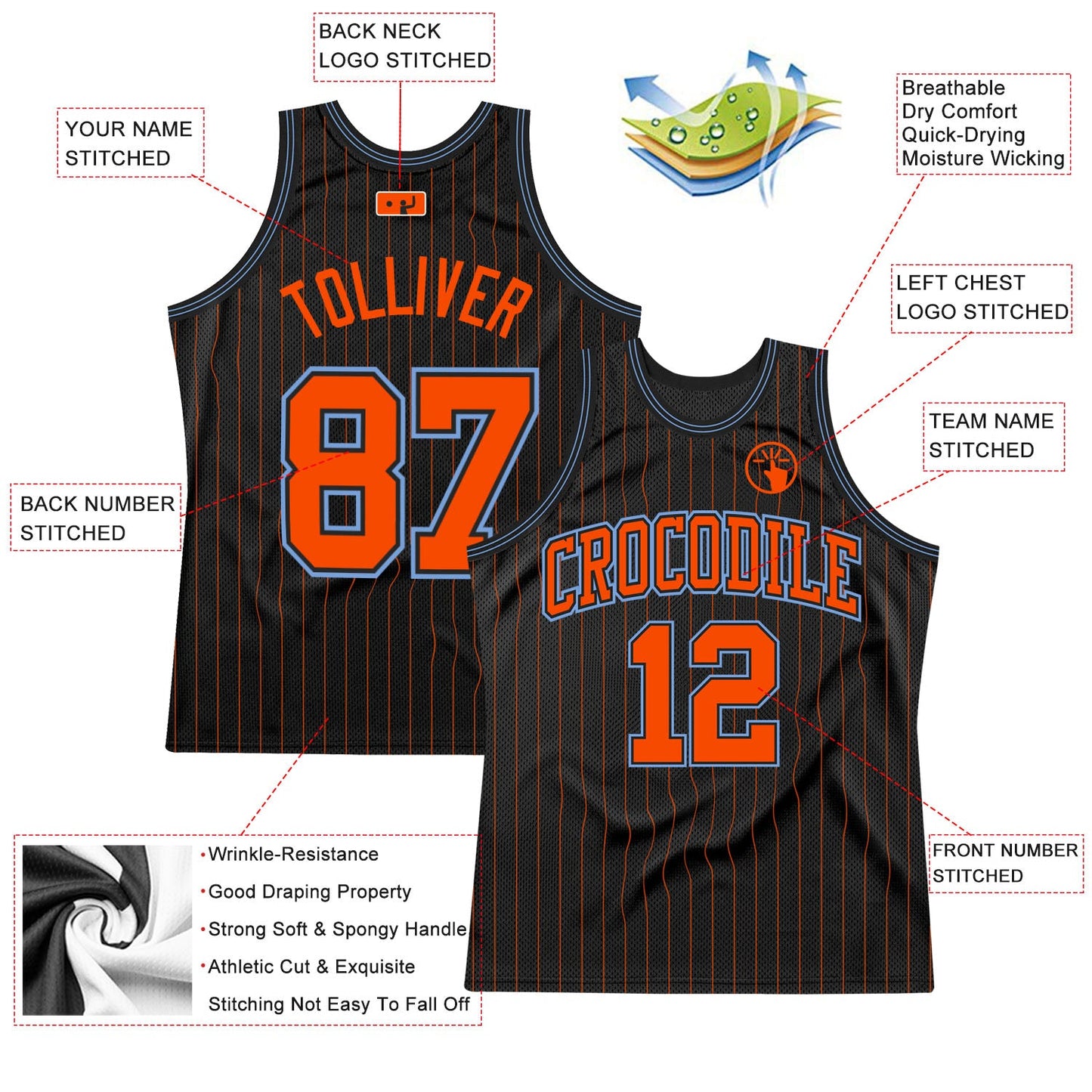Custom Black Orange Pinstripe Orange-Light Blue Authentic Basketball Jersey view 2