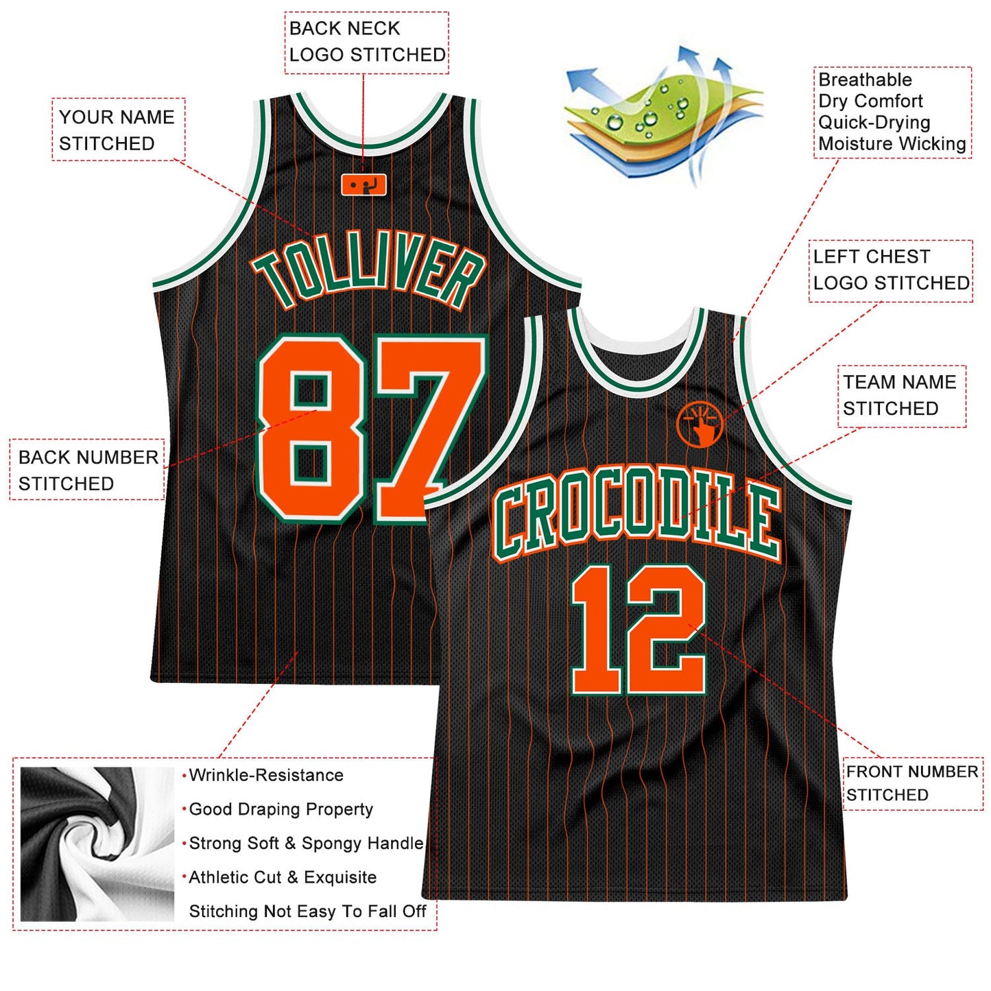 Custom Black Orange Pinstripe Orange-Kelly Green Authentic Basketball Jersey view 2