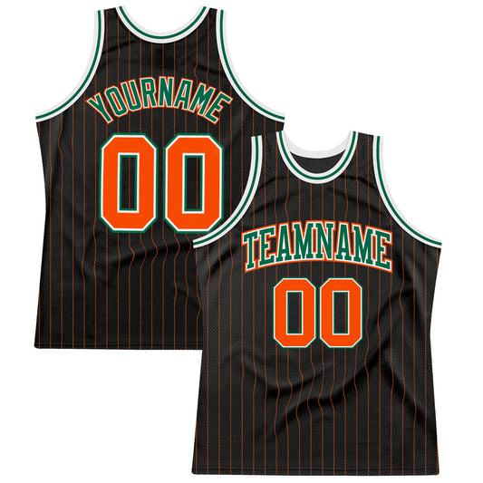 Custom Black Orange Pinstripe Orange-Kelly Green Authentic Basketball Jersey - Main View