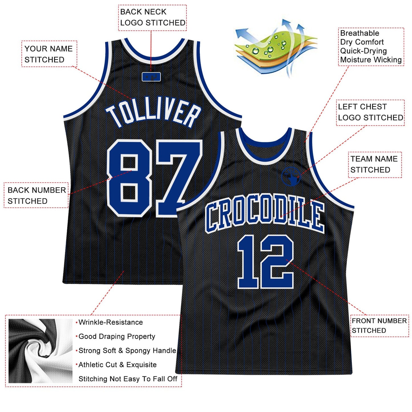 Custom Black Royal Pinstripe Royal-White Authentic Basketball Jersey view 2