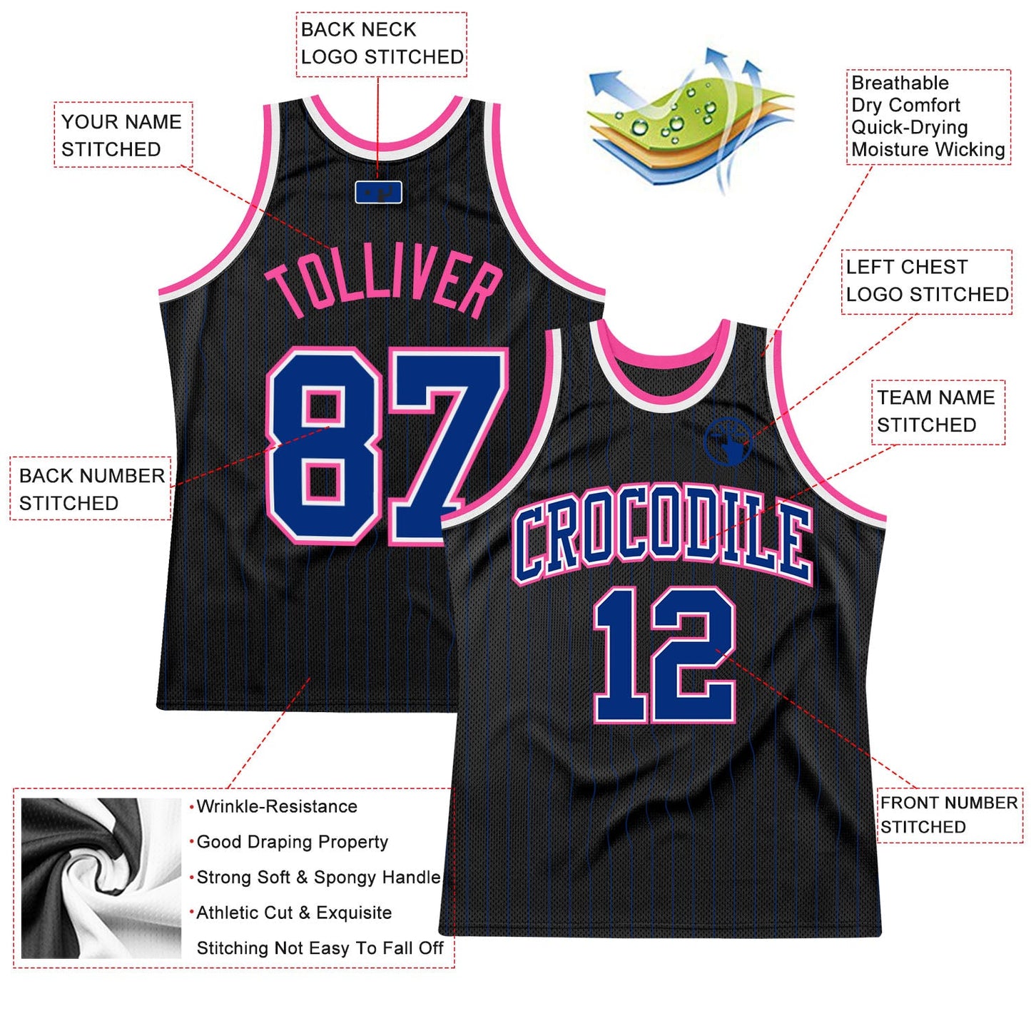 Custom Black Royal Pinstripe Royal-Pink Authentic Basketball Jersey view 2