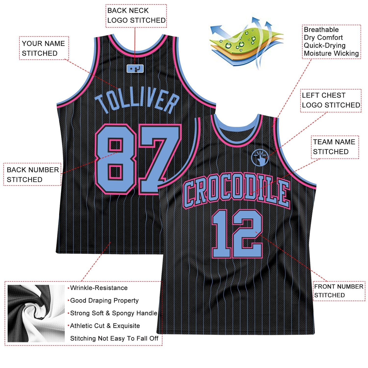 Custom Black Light Blue Pinstripe Light Blue-Pink Authentic Basketball Jersey view 2