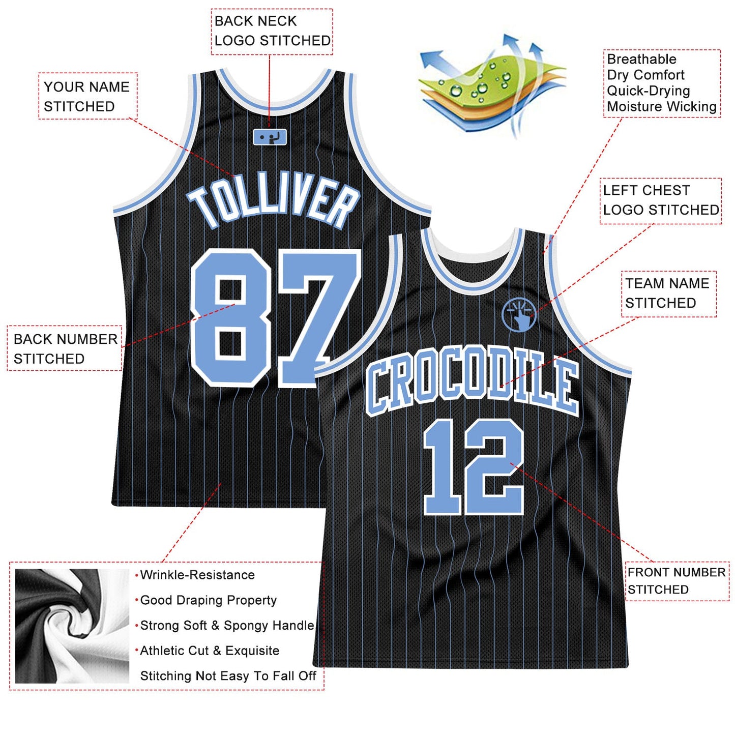 Custom Black Light Blue Pinstripe Light Blue-White Authentic Basketball Jersey view 2
