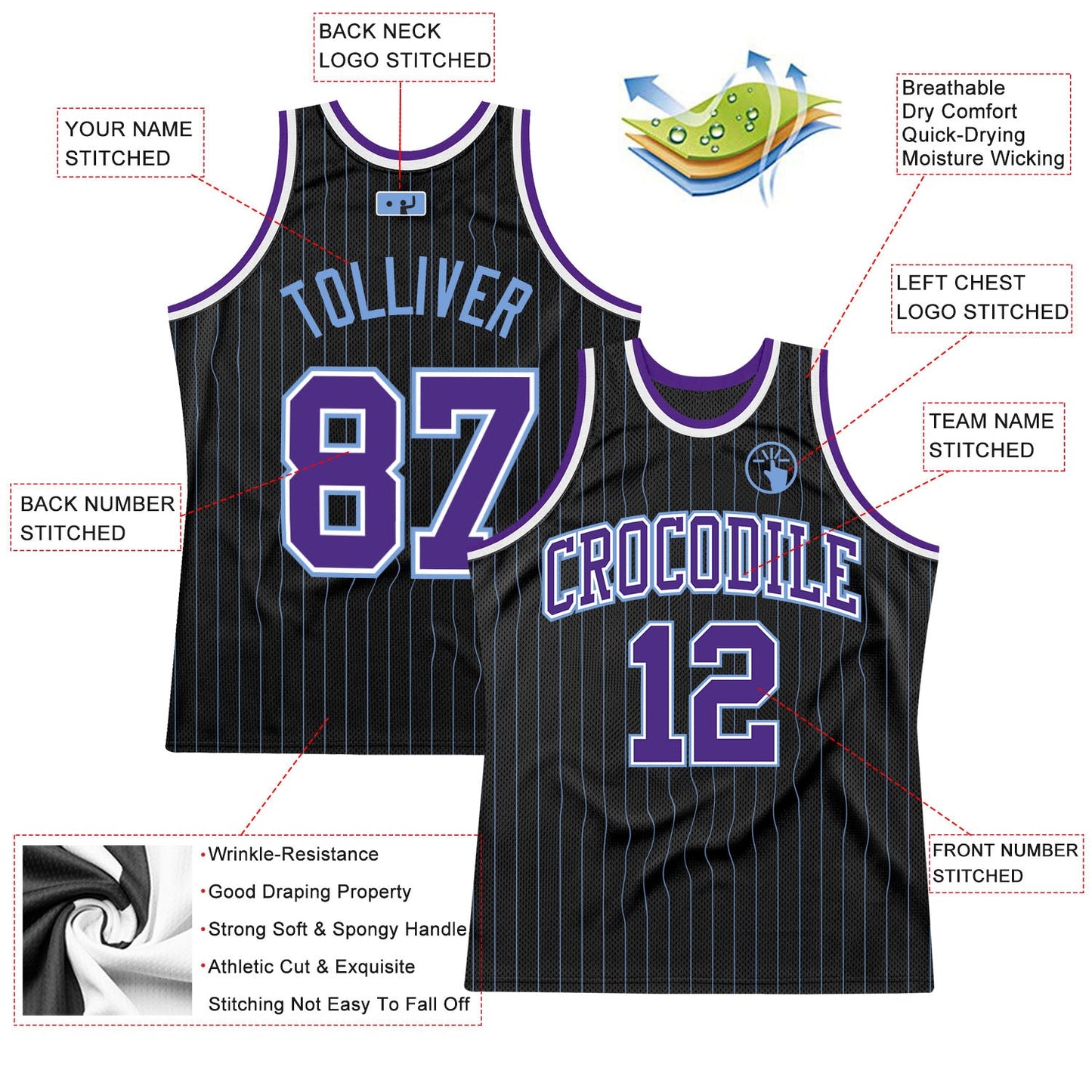 Custom Black Light Blue Pinstripe Purple-Light Blue Authentic Basketball Jersey view 2