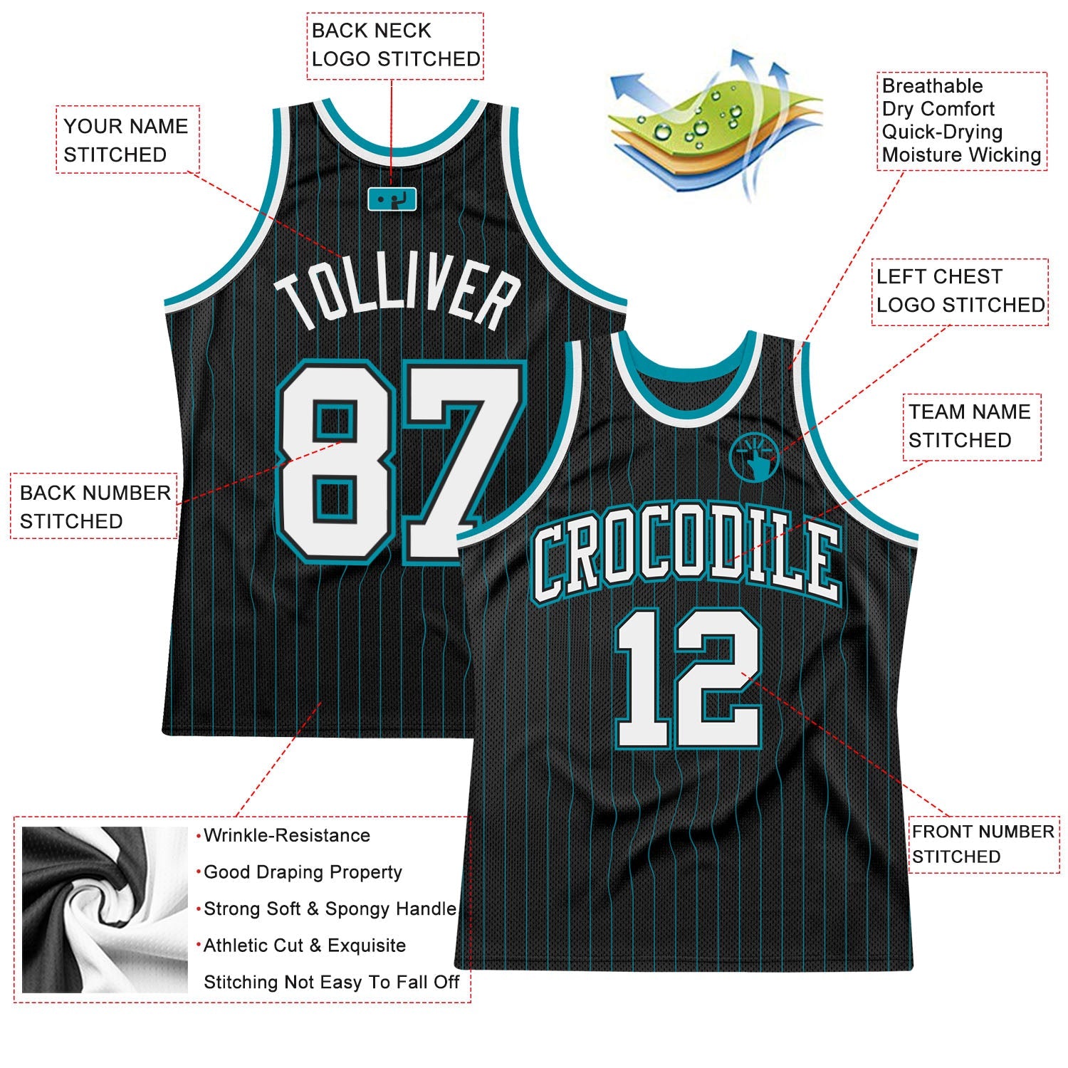Custom Black Teal Pinstripe White Black-Teal Authentic Basketball Jersey view 2