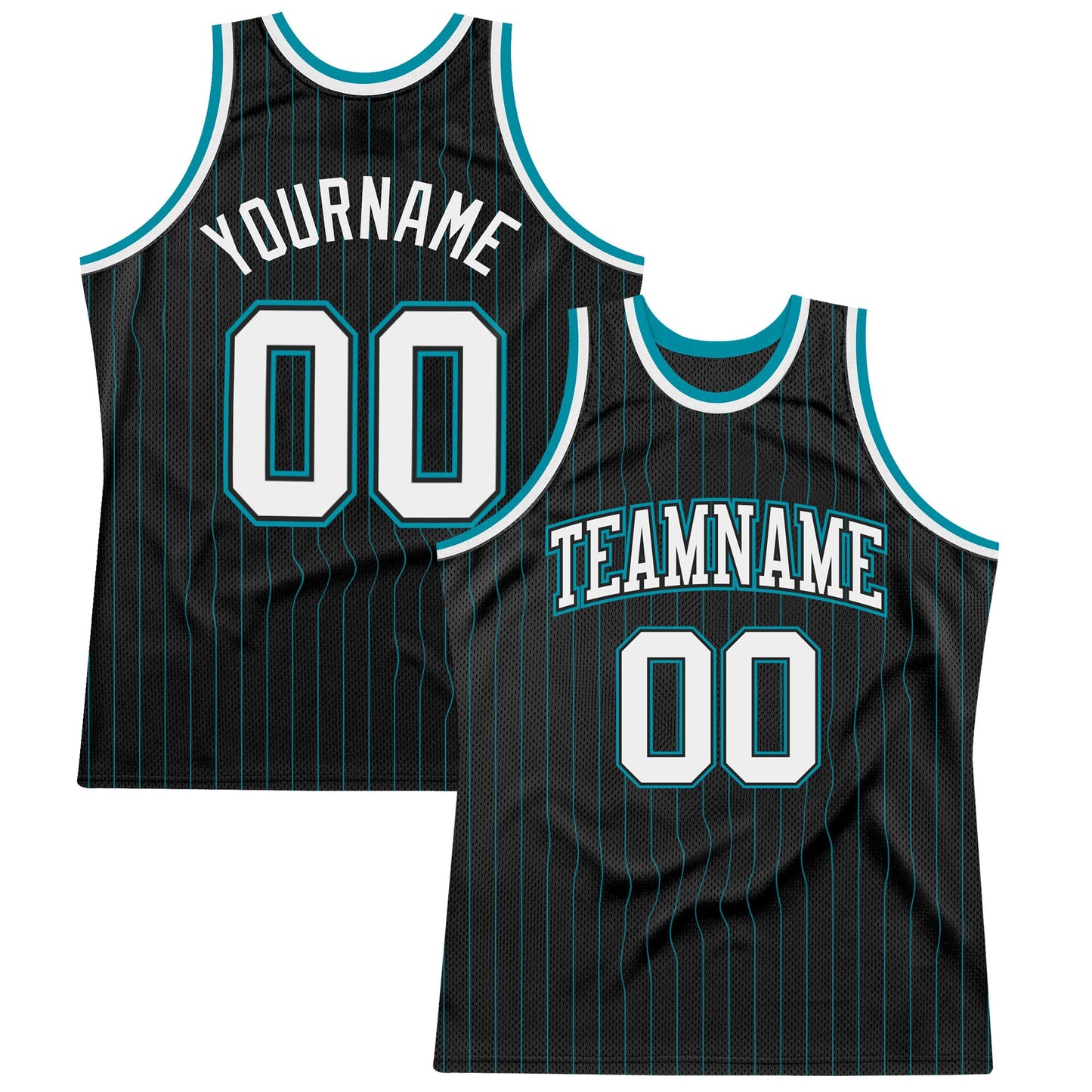 Custom Black Teal Pinstripe White Black-Teal Authentic Basketball Jersey - Main View
