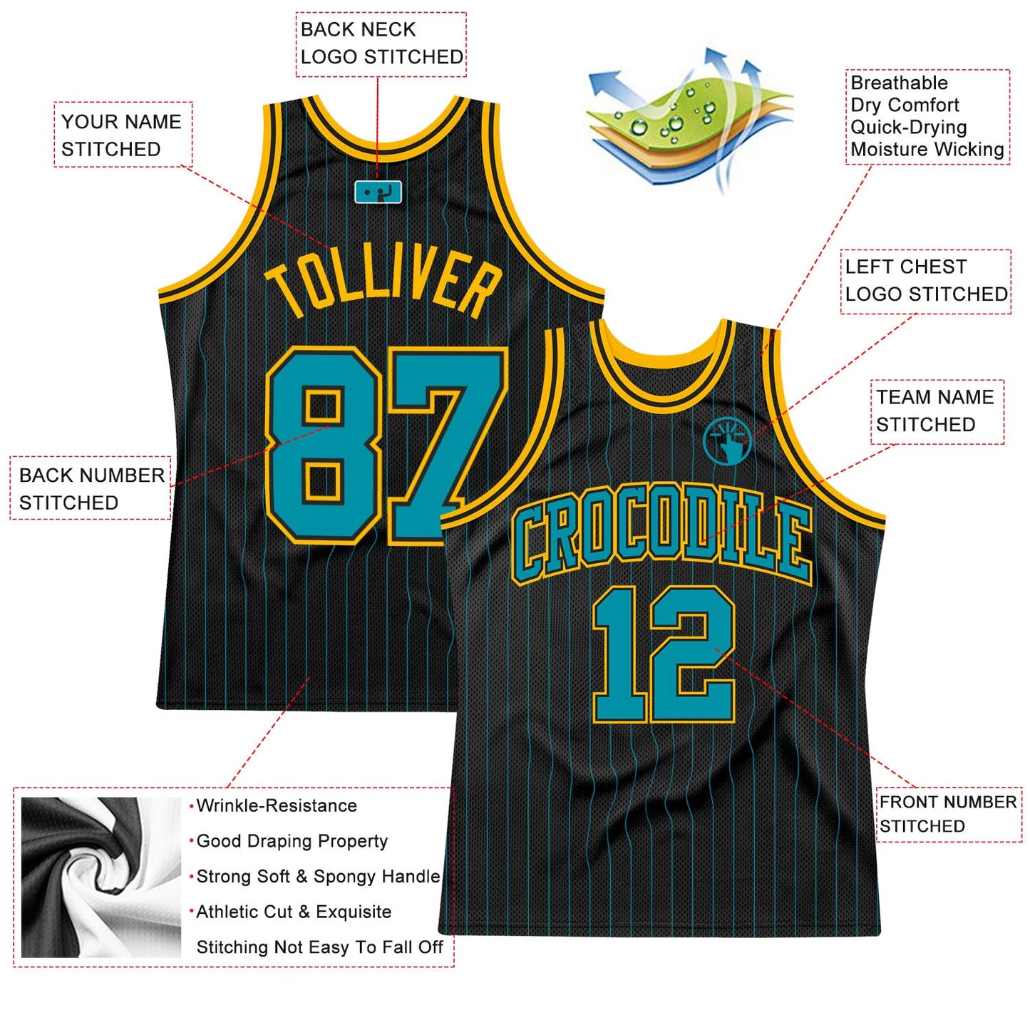 Custom Black Teal Pinstripe Teal-Gold Authentic Basketball Jersey view 2
