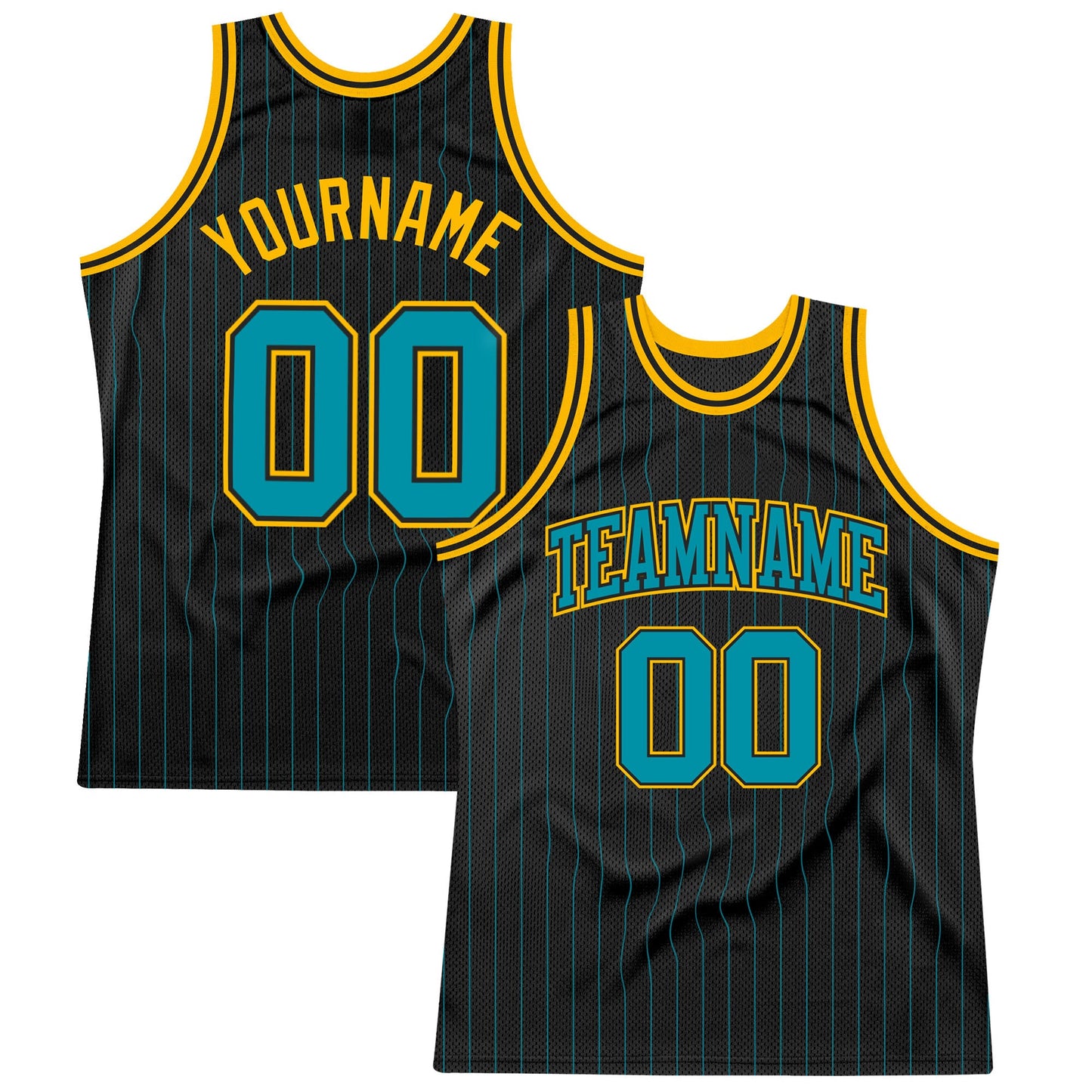 Custom Black Teal Pinstripe Teal-Gold Authentic Basketball Jersey - Main View