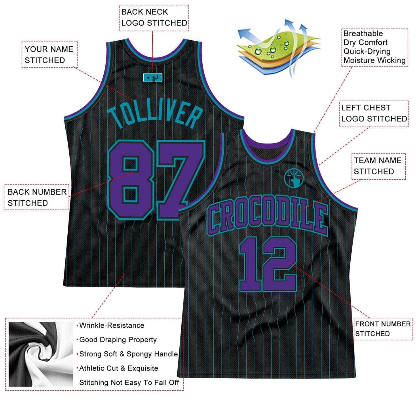 Custom Black Teal Pinstripe Purple-Teal Authentic Basketball Jersey view 2