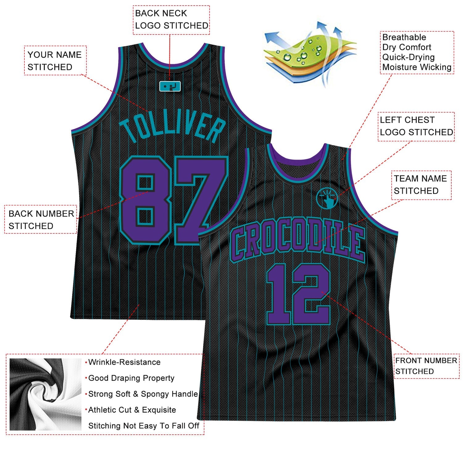 Custom Black Teal Pinstripe Purple-Teal Authentic Basketball Jersey view 2