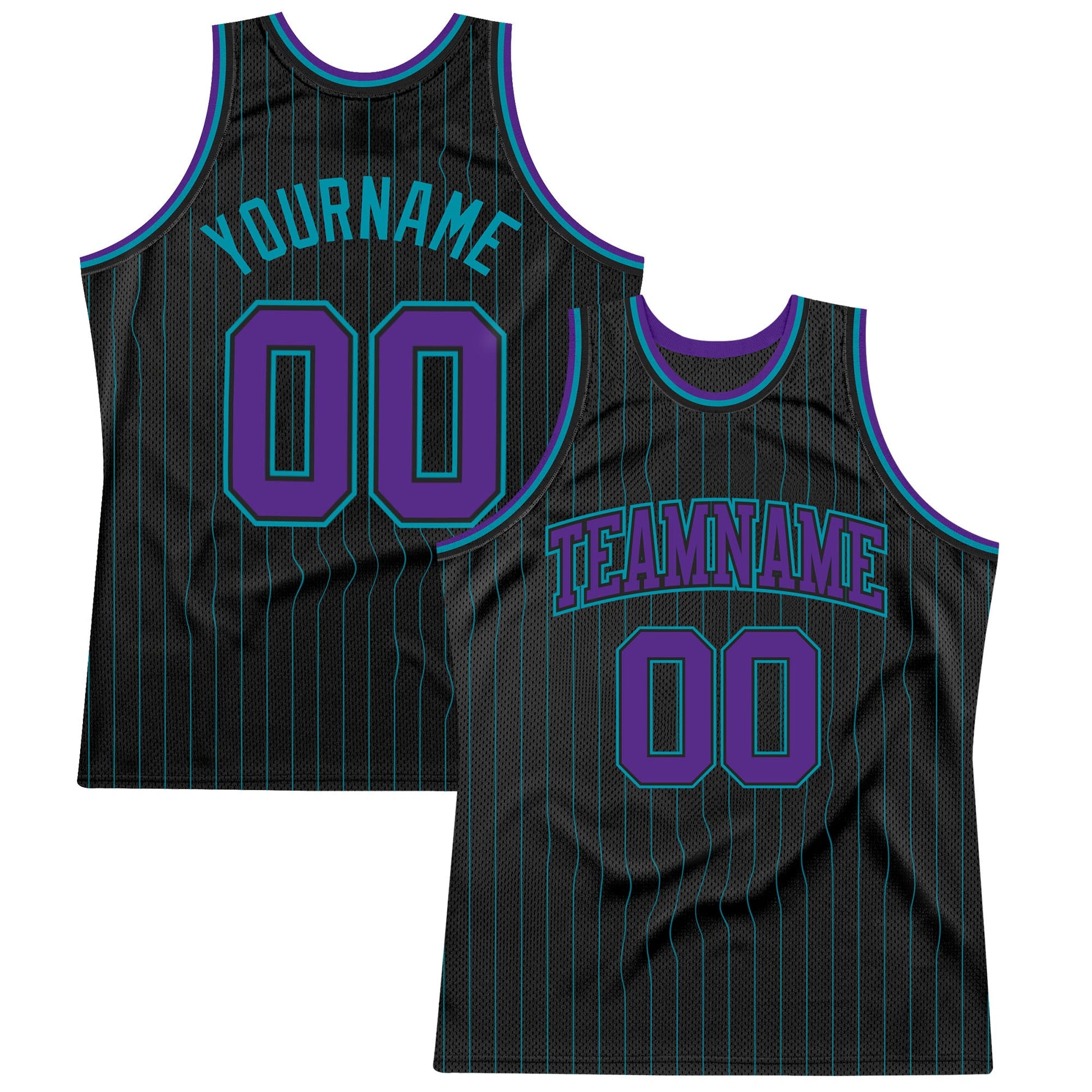 Custom Black Teal Pinstripe Purple-Teal Authentic Basketball Jersey - Main View