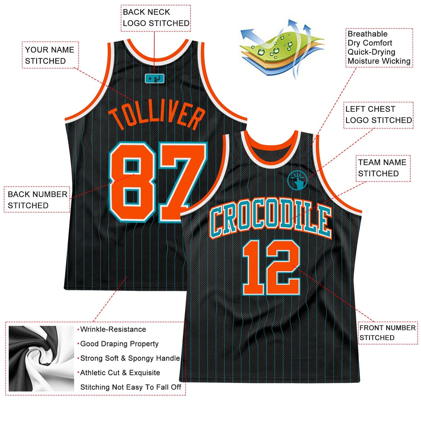 Custom Black Teal Pinstripe Orange-Teal Authentic Basketball Jersey view 2